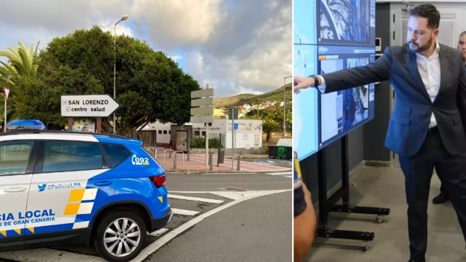 En la imagen, a la izquierda, un coche de la Policía Local de Las Palmas; a la derecha, el concejal de Seguridad, Josué Íñiguez. / AH