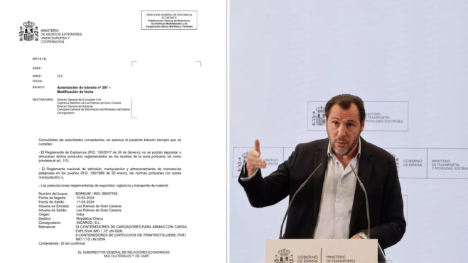 A la izquierda, el documento que certifica el paso del 'Borkum' por Las Palmas mostrado por el ministro de Transportes, Óscar Puente. / AH Y SERGIO PÉREZ-EFE