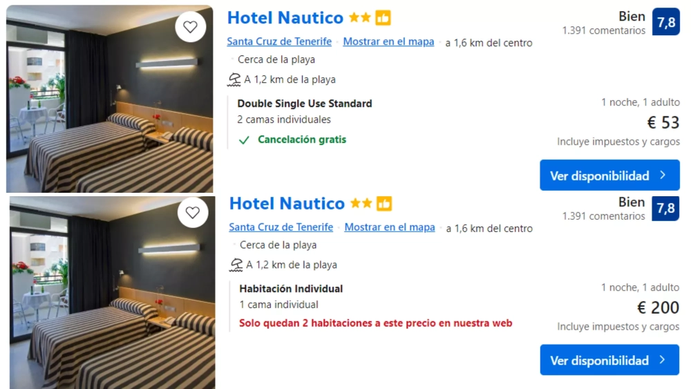Comparación de precios en el Hotel Náutico entre el fin de semana del 22 y 23 de junio y el del 29 y 30./ BOOKING