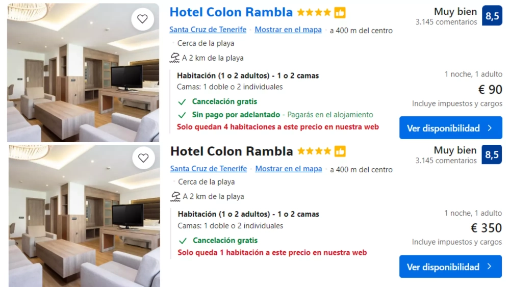 Comparación de precios en el Hotel Colón Rambla entre el fin de semana del 22 y 23 de junio y el del 29 y 30./ BOOKING