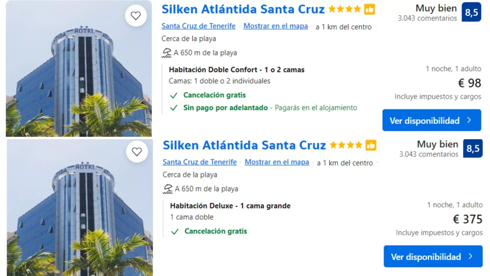 Comparación de precios en el Hotel Silken Atlántida entre el fin de semana del 22 y 23 de junio y el del 29 y 30./ BOOKING