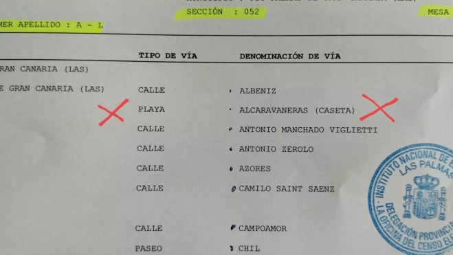 Detalle del censo electoral en el que figura una caseta de la Playa de Las Alcaravaneras como domicilio de una personas. / AH