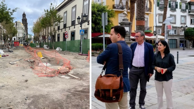 A la izquierda, las obras en General Bravo; a la derecha, autoridades del Ayuntamiento van a supervisarlas / MONTAJE AH