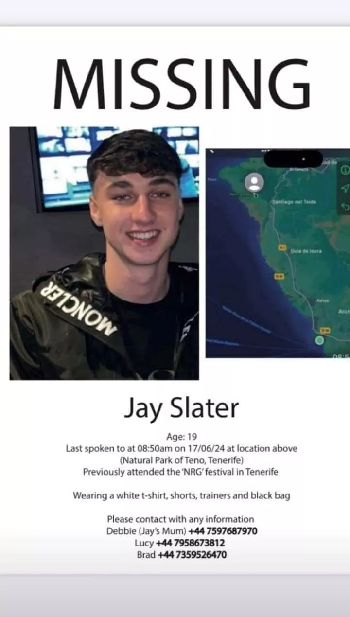 Cartel de desaparición de Jay Slater, británico desaparecido en Teno (Tenerife)./ REDES