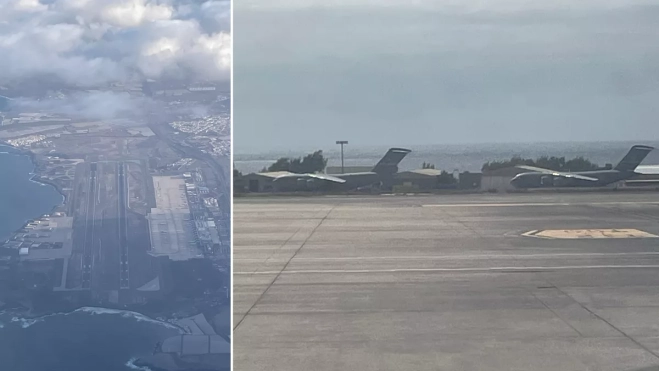 A la izquierda, imagen panorámica del aeropuerto de Gran Canaria; a la derecha, dos C-17 Globemaster III de la Fuerza Aérea de Estados Unidos en Gando. / AH