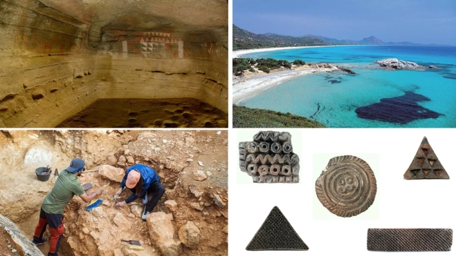La cueva pintada de Gáldar, Cerdeña, arqueólogos trabajando y pintaderas canarias / MONTAJE AH La cueva pintada de Gáldar, Cerdeña, arqueólogos trabajando y pintaderas canarias / MONTAJE AH