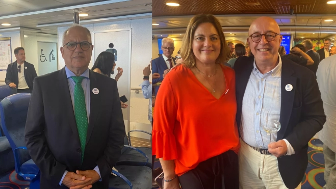 El presidente del Cabildo de La Gomera, Casimiro Curbelo (izq) la presidenta de la Autoridad Portuaria de Las Palmas, Beatriz Calzada, y el presidente de la Autoridad Portuaria de Santa Cruz de Tenerife, Pedro Suárez. / ATLÁNTICO HOY - ALBA MARICHAL