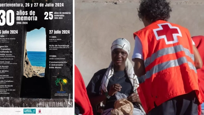 El cartel de las actividades junto a una migrante llegada a Canarias / MONTAJE AH