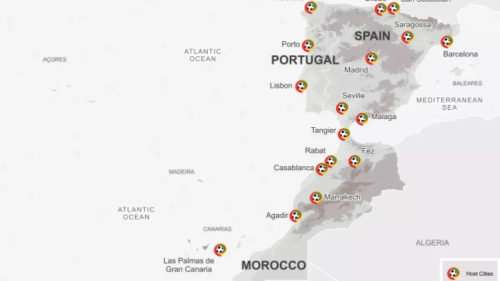 Mapa del Bid Book de la candidatura de Marruecos, Portugal y España con sus 17 ciudades sede. / FIFA