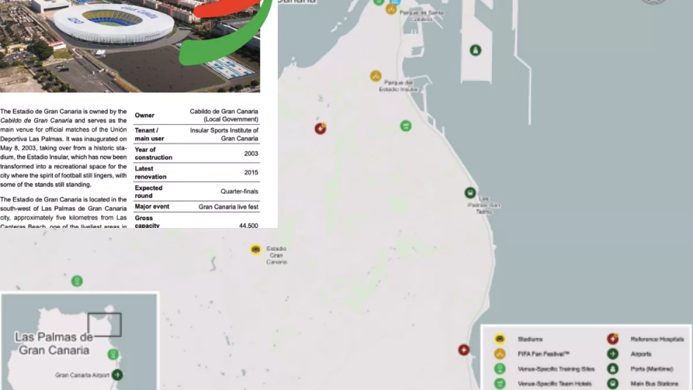 Detalles del dosier publicado por la FIFA en el que Gran Canaria figura como aspirante a acoger un partido de cuartos de final y la disposición de hoteles, estadio, fan zone y hospitales. / FIFA