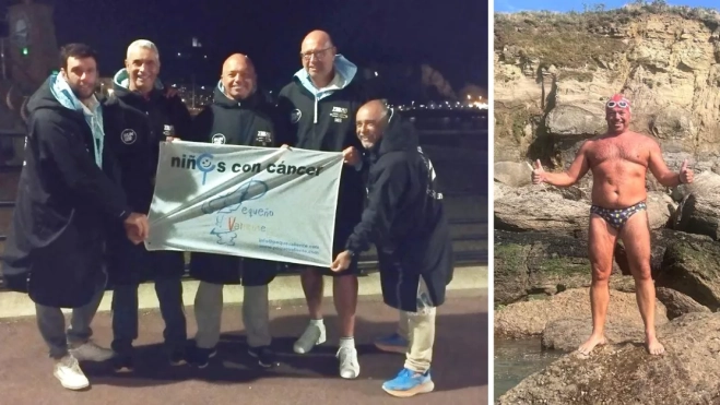 A la izquierda, el equipo con la bandera de Pequeño Valiente. A la derecha, Andy Ortega a su llegada a Francia / MONTAJE AH