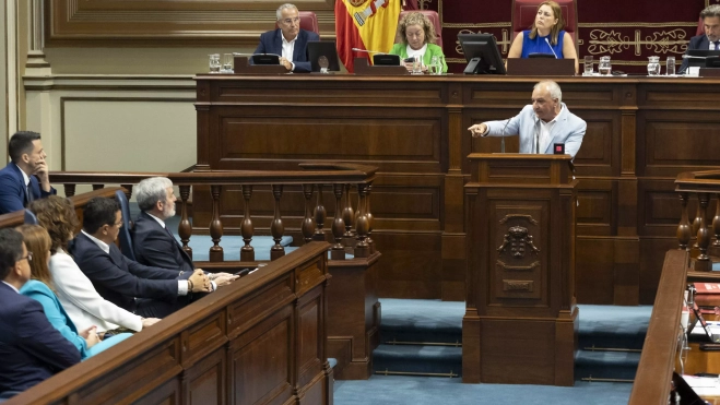 El portavoz de Nueva Canarias en el Parlamento autonómico, Luis Campos (c), señala al presidente del Gobierno, Fernando Clavijo. / MIGUEL BARRETO-EFE