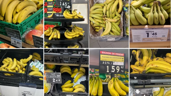 En la fila superior, lineales con bananas a 1,45 euros el kilo en cuatro supermercados de Madrid. Abajo, precios del plátano de Canarias en cuatro tiendas de Las Palmas de Gran Canaria. / AH