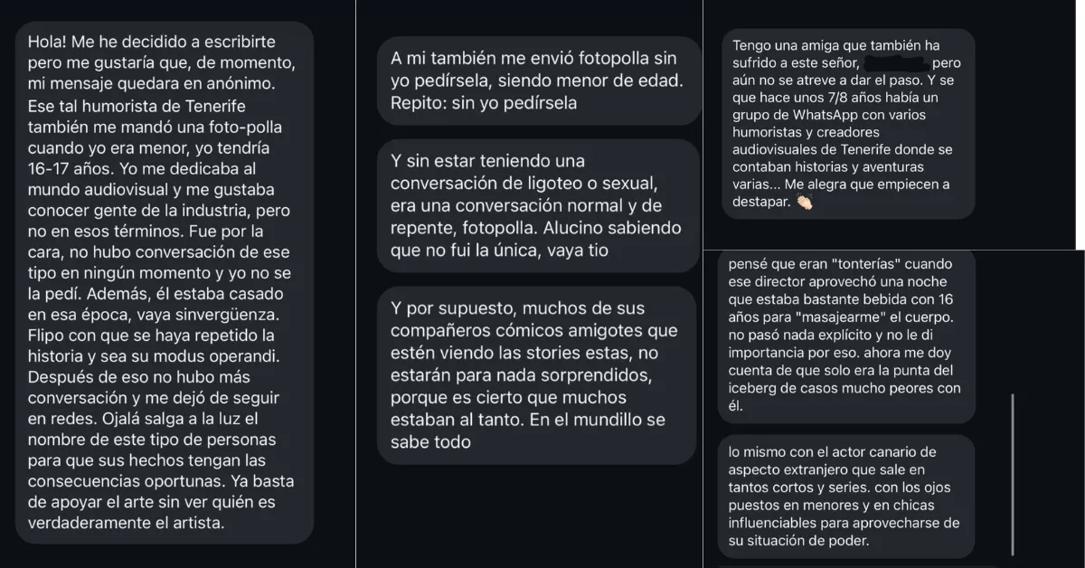 Mensajes recibidos por 'Hasta el Konejo' hablando de acoso de un famoso cómico canario y un director de cine./ HEK Mensajes recibidos por 'Hasta el Konejo' hablando de acoso de un famoso cómico canario y un director de cine./ HEK