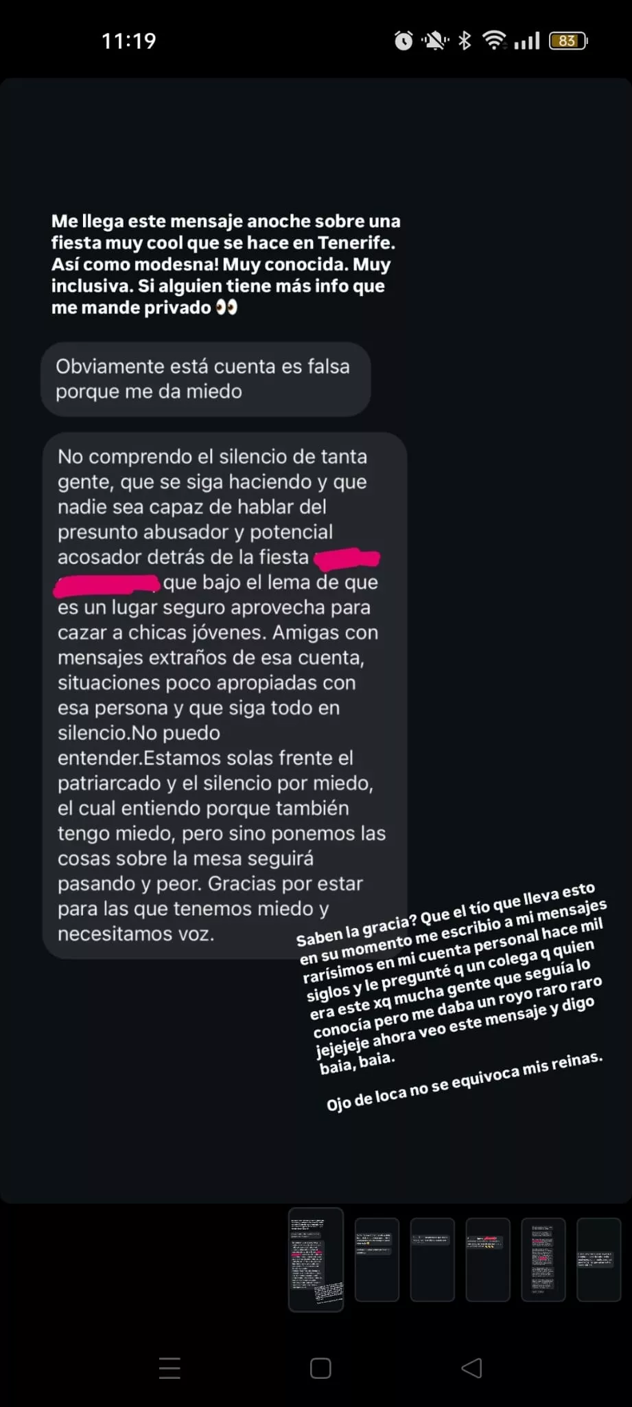 Mensajes recibidos por 'Hasta el Konejo' sobre el presunto acoso de un famoso organizador de fiestas canario./ HEK