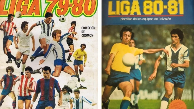 Portadas de los dos primeros álbumes de Panini de la Liga Española. En ambos hay representación de la UD Las Palmas: Morete (79-80) y Estévez (80-81). / AH