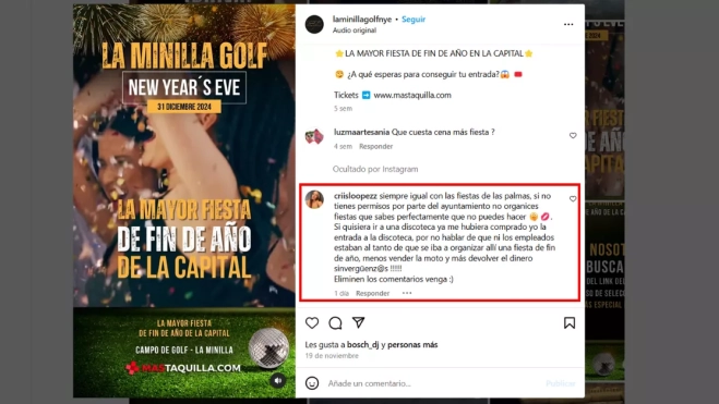 Comentario de una usuaria quejándose de la gestión de los organizadores del evento / AH Comentario de una usuaria quejándose de la gestión de los organizadores del evento / AH