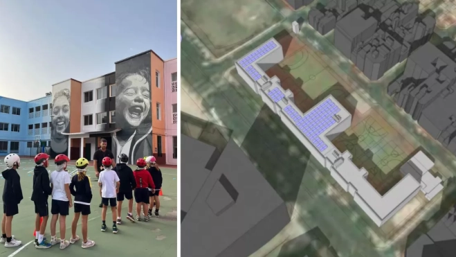 A la izquierda, alumnos del CEIP Fernando Guanarteme; a la derecha, el proyecto / AH A la izquierda, alumnos del CEIP Fernando Guanarteme; a la derecha, el proyecto / AH