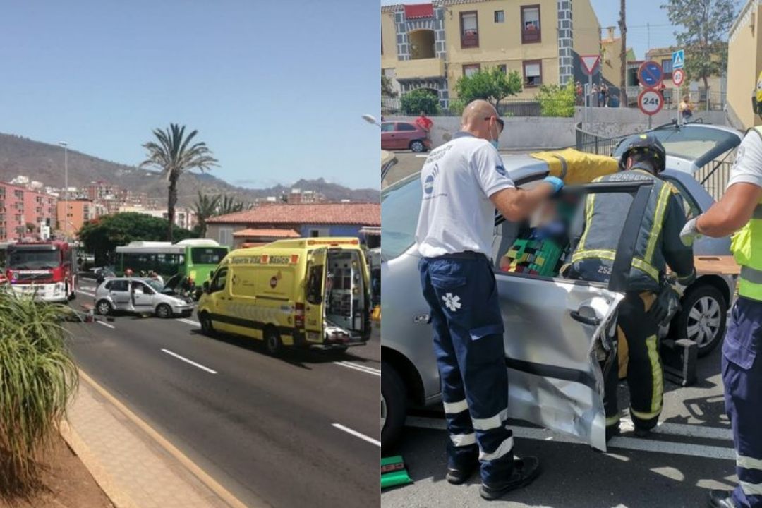 Tres heridos en un accidente entre dos turismos y una guagua en